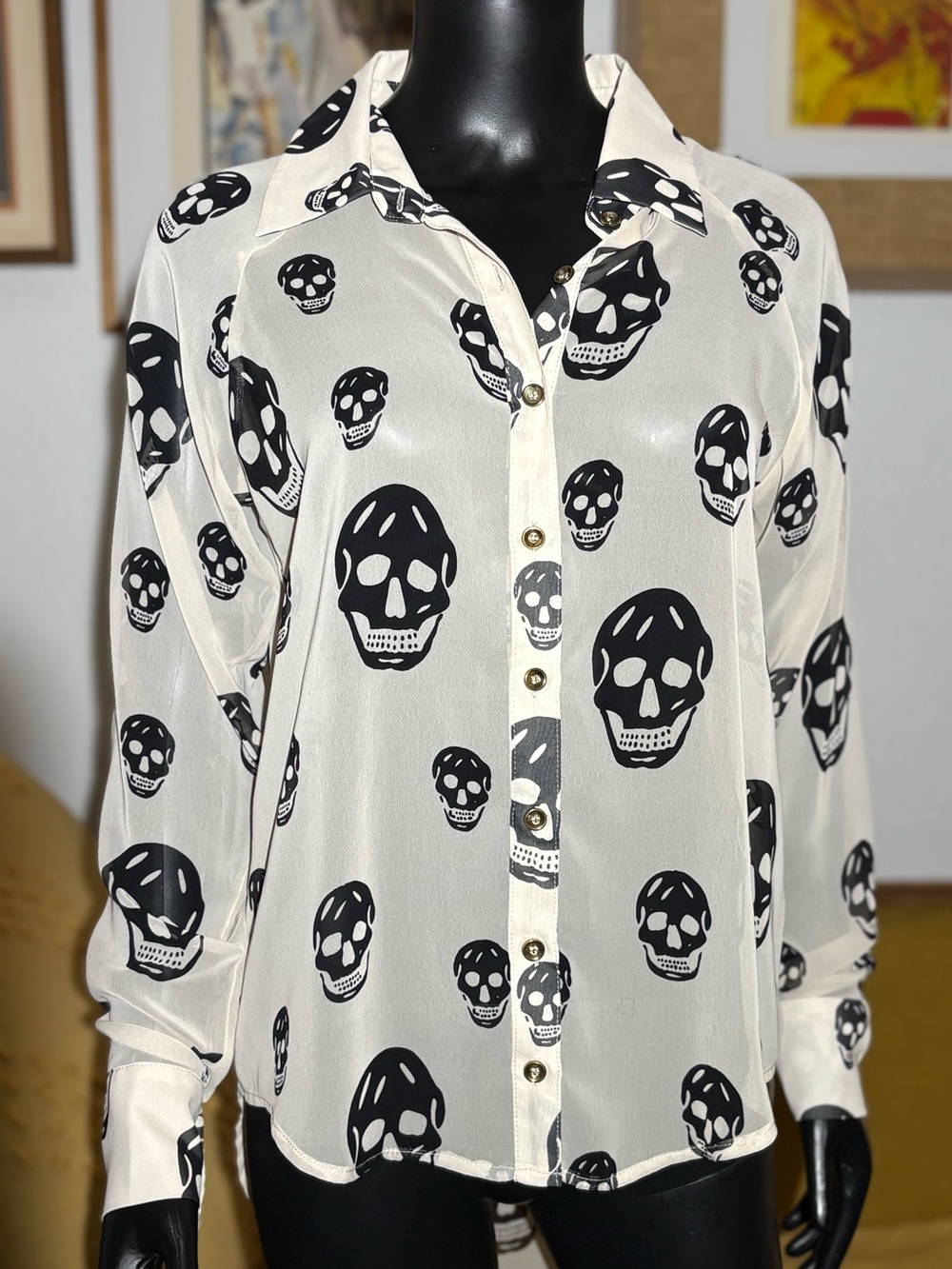 Sheer Ivory Skull Print Button Down Blouse - Size M